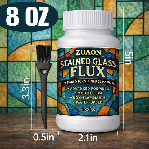 8oz Water Based Liquid Flux for stained glass soldering with included brush, dimensions shown, ideal for DIY projects.