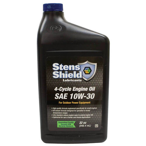 Stens Shield 4-cycle engine oil SAE 10W-30 black bottle for outdoor power equipment, 32 oz size