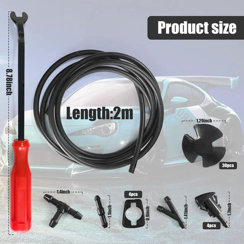 Beefy Universal Windshield Washer Hose Kit With Two Meter Fluid Line And Three Secure Fittings Plus Four Reliable Fan Nozzles And Thirty Hardcore Heat Insulation Clips For Zero Leak Automotive Repairs with tools and fittings displayed.