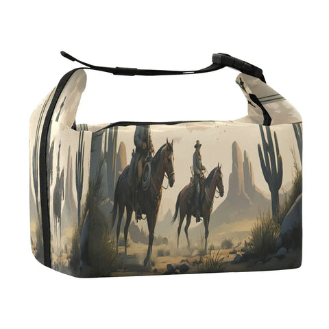 Cowboy Desert Themed Insulated Lunch Bag Tote For Women And Men featuring cactus and cowboy scene, side view