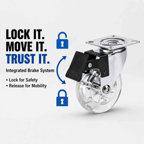 Clear Three Inch Caster Wheels Set Of Four, Heavy Duty Polyurethane Rollers With Two Swivel Brakes And Two Fixed Mounts, Smooth As Butter Slick Tires For Furniture, Carts And Office Desks Built To Haul Serious Weight Without Breaking A Sweat - Close-up of integrated brake system on clear caster wheel.