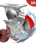 Set Of Four Heavy Duty Industrial Swivel Caster Wheels With Locking Brakes 4000 Lb Capacity close-up of a durable swivel caster with stainless steel and red polyurethane.