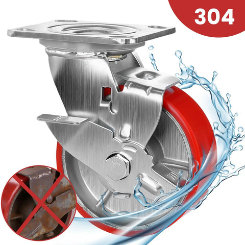 Set Of Four Heavy Duty Industrial Swivel Caster Wheels With Locking Brakes 4000 Lb Capacity close-up of a durable swivel caster with stainless steel and red polyurethane.