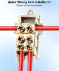 Hella Tough One To Two Out T Tap Wire Splice Connectors 6 Awg To 13 Awg 80 Amp 1000 Volt showing brass terminals with red wires.