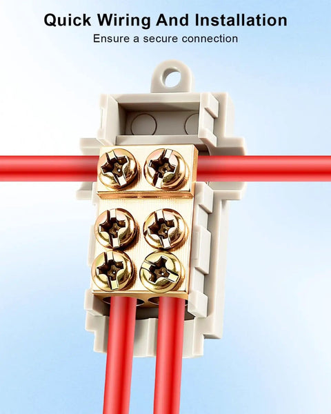 Hella Tough One To Two Out T Tap Wire Splice Connectors 6 Awg To 13 Awg 80 Amp 1000 Volt showing brass terminals with red wires.