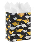Medium Graduation Gift Bag With Tissue Paper Featuring Gold And Silver Mortarboards On Black For College High School Eighth Grade