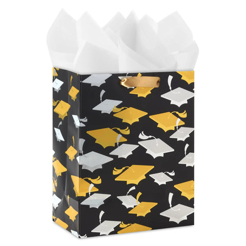 Medium Graduation Gift Bag With Tissue Paper Featuring Gold And Silver Mortarboards On Black For College High School Eighth Grade