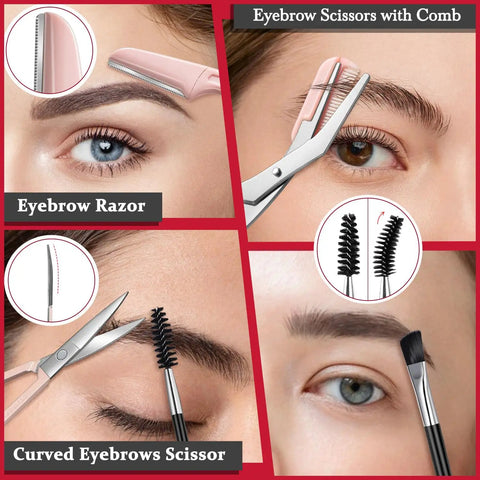 8 In 1 Eyebrow Kit For Women With Case To Elevate Your Brow Game Includes Pointed Flat Slant And Angled Tweezers Trimmer Scissors Razor And Double Sided Brush pink eyebrow scissors and razor set for brow shaping