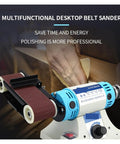 Badass Robust Desktop Belt Sander And Engraver 50 X 350 Mm Table Grinder For Woodworking Metal Jade Polishing 750W Copper Motor Drill Chuck Holder With Vibration Dampening Base close-up of sanding drum on work surface