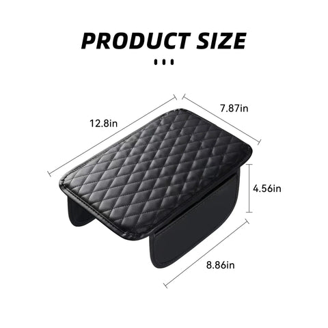 Universal Car Middle Console Cover Must Have With Two Storage Pockets Armrest Cushion, black, size dimensions visible.
