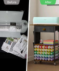 Before and after of Mobile Craft Cart Organizer With Wheels For Cutting Tools Machines Vinyl Rolls And Heat Press Stand.