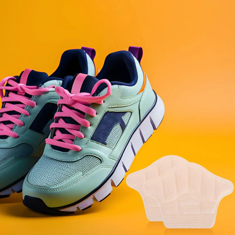 Game Changing Heel Grips And Liner Cushions To Tighten Up Loose Shoes Anti Chafing Beige Shoe Inserts displayed with athletic sneakers.