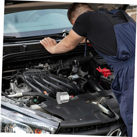 Mechanic checking engine with Drift Oil Tank for Racing Cars With Durable Brake Fluid Reservoir And Clutch Oil Tank visible