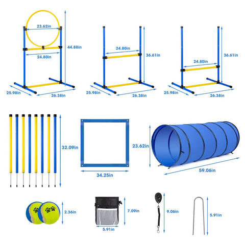 Components of Backyard Dog Agility Course Set All In One Obstacle Kit With Pro Grade Hurdles Jump Ring 8 Weave Poles Tunnel