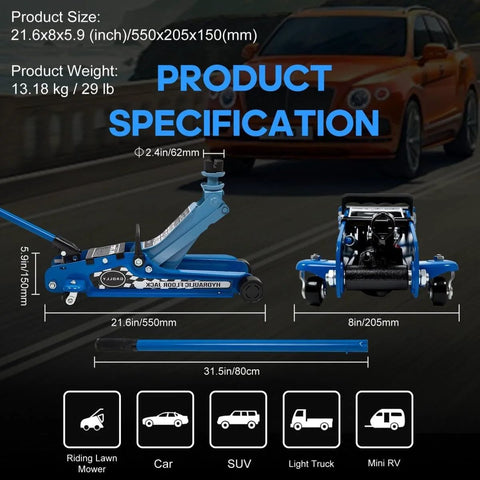 2.5 Ton Floor Jack Low Profile Heavy Duty Steel Racing Jack With Single Piston Lift Pump Lifting Range 3.35 To 14.96 Inches Ideal For Tire Changes Oil Jobs Brake Maintenance And DIY Car Projects image showing product specifications