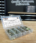 Open box of Grade 8 Alloy SAE Split Lock Washer Set in Zinc Yellow Finish, 236 Piece Assortment with labeled compartments.