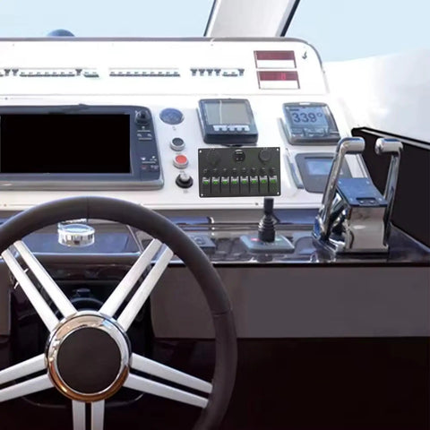 Boat control panel with 8 Gang Rocker Switch Panel With 15A Reset Circuit Breaker, USB Charger, LED Voltmeter, Socket
