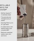 Hand pouring granules into stainless steel filter for Glass Water Filter Pitcher With Stainless Steel Refillable Filter System No Plastic Waste