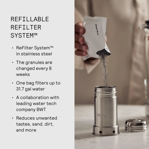 Hand pouring granules into stainless steel filter for Glass Water Filter Pitcher With Stainless Steel Refillable Filter System No Plastic Waste