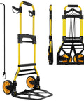 Foldable hand truck dolly with yellow aluminum frame, retractable handle and rubber wheels; shown folded and deployed.