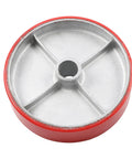 Badass Heavy Duty 8 Inch Industrial Caster Wheel, Silent Polyurethane Tread Rolls No Noise On Any Floor, Non Marking Steel Hub Takes Serious Abuse, No Sweat Bolt On With Included Mounting Bolts - view of red wheel underside.