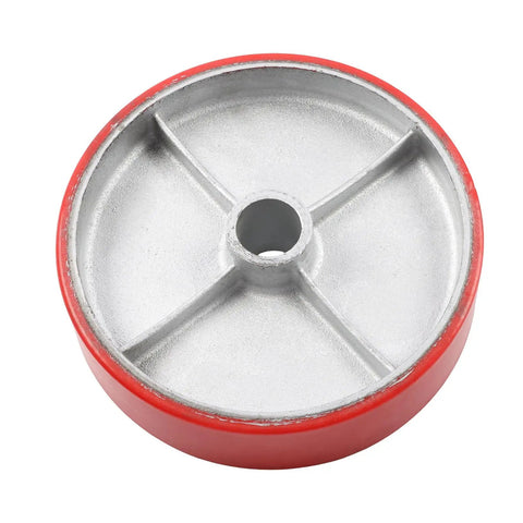 Badass Heavy Duty 8 Inch Industrial Caster Wheel, Silent Polyurethane Tread Rolls No Noise On Any Floor, Non Marking Steel Hub Takes Serious Abuse, No Sweat Bolt On With Included Mounting Bolts - view of red wheel underside.