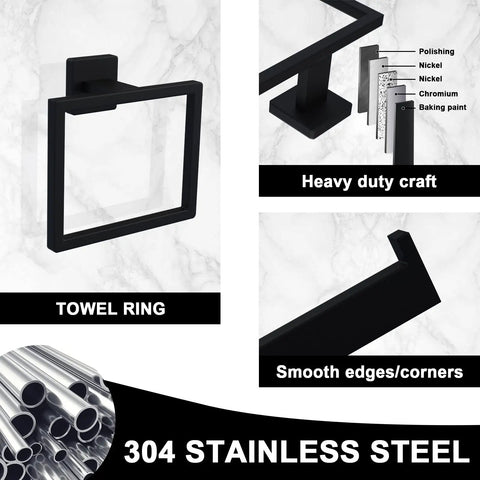 Matte Black 5 Piece Bathroom Hardware Set For Wall Mounting Includes Towel Bar Robe Hook Toilet Paper Holder In SUS304 Stainless Steel