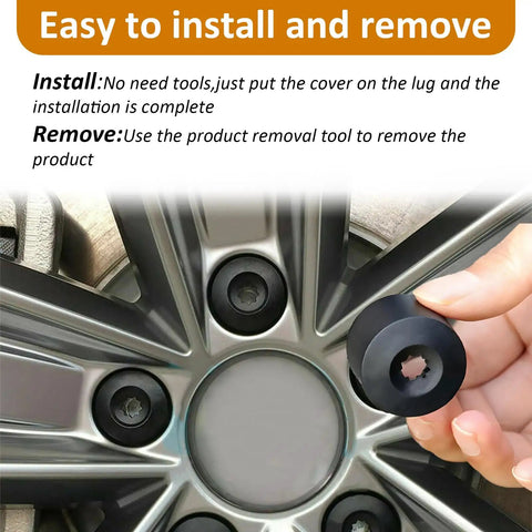 Hand demonstrates easy installation of 20 Pack 17mm Wheel Lug Nut Covers With Removal Tool Slick Black Bolt Cap Covers Replacement For VW