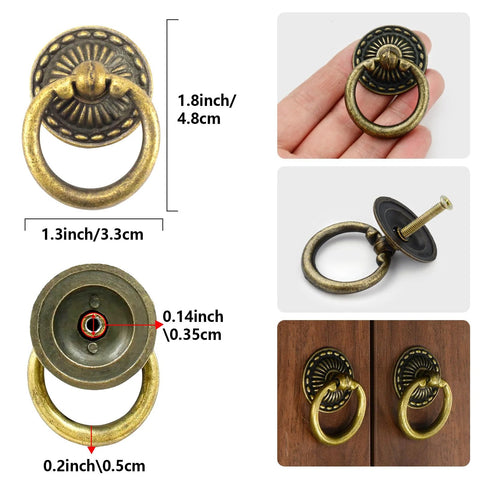 Set Of 6 Vintage Bronze Drop Ring Knobs For Dresser Drawers And Cabinets With Screws Antique Single Hole Decorative Hardware showing dimensions