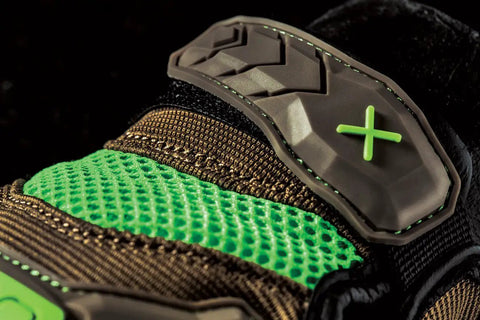 Close-up of Exo Motor Impact Glove For Heavy Duty Work With TPR Impact Protection, brown glove with green accents, Size XL