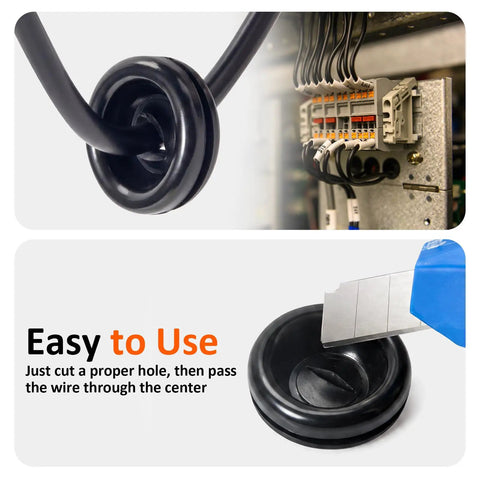 Upgraded Rubber Grommet Kit With Seven Sized Grommets for wiring through automotive and electrical enclosures.
