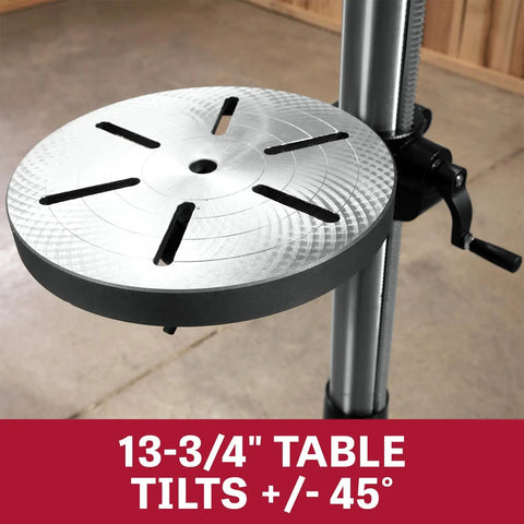 13-3/4 inch quick release tilt table of the 17 Inch Floor Drill Press With 16 Speed Options And 3/4 Horsepower Motor