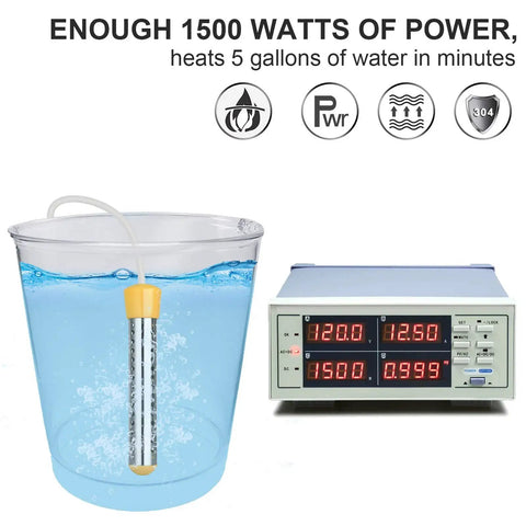 Portable 1500W Submersible Immersion Water Heater With 304 Stainless Steel Guard For Buckets Heats 5 Gallons Of Water In Minutes 120V Electric Bucket Warmer Yellow in use.