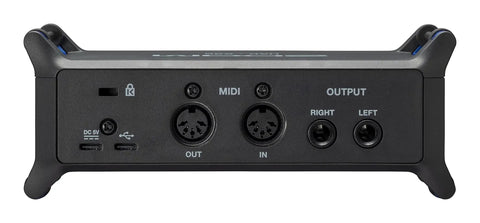 Rear view of UAC 232 32 Bit Float Audio Interface For Music And Streaming With Plug And Play Capability showing MIDI and output ports.