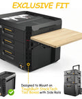 Heavy Duty Foldable Work Table For Toolbox Side Mount Turn Your Toolbox Into A Mobile Workshop With A Flat Spacious Surface For Tools Laptop Tablet And Notes On The Go It Fits Most Toolbox Systems And Stays Stable On Any Job Site, showing bamboo top attached to toolbox.