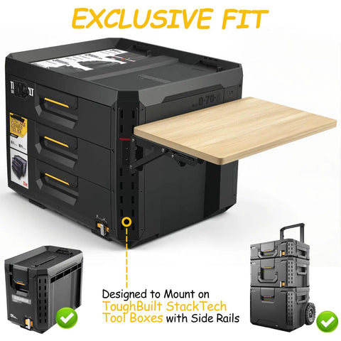 Heavy Duty Foldable Work Table For Toolbox Side Mount Turn Your Toolbox Into A Mobile Workshop With A Flat Spacious Surface For Tools Laptop Tablet And Notes On The Go It Fits Most Toolbox Systems And Stays Stable On Any Job Site, showing bamboo top attached to toolbox.