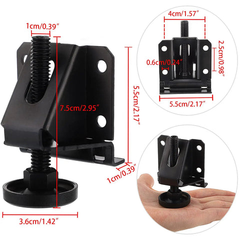 Four Pack Adjustable Furniture Leveling Feet Heavy Duty Support Up To 2000 Lb Capacity With 0 To 2.6 Inch Height Adjustment And Black Finish With Durable Zinc Plated Construction And Anti Slip Floor Protectors For Stable Level Surfaces, black steel leveler with measurements