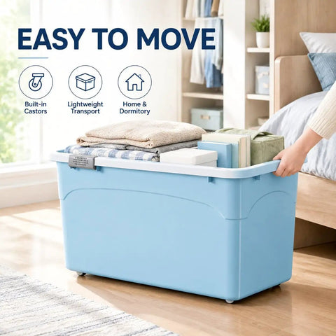 Hassle Free Stackable Storage Bins With Slick Rolling Wheels And Secure Tight Fitting Lids Tailored For Crunching Clutter Closets Dorm Rooms And Garage Use filled with blankets and books, easy to move with wheels.