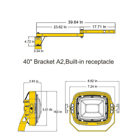 40-inch bracket with built-in receptacle for Heavy Duty Led Loading Dock Swing Arm Light 2 Pack. Detailed dimensions shown.