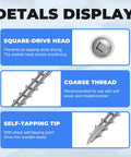 Details of Pocket Hole Screws 1 1/4 Inch Size 8 including square-drive head, coarse thread, and self-tapping tip