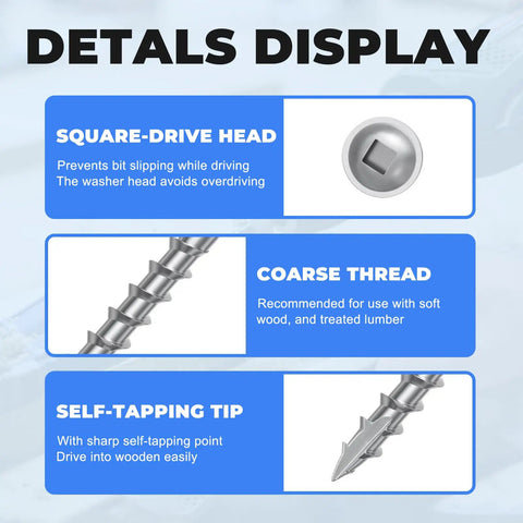 Details of Pocket Hole Screws 1 1/4 Inch Size 8 including square-drive head, coarse thread, and self-tapping tip