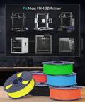 Multiple colored spools of PETG 1.75mm filament displayed, compatible with most FDM 3D printers, including Bambu Labs.