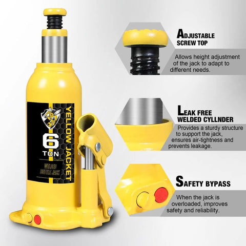 6 Ton Bottle Jack With Carrying Case And Pump Handle, Multi Directional Welded Car Jack For Sedans, yellow with details