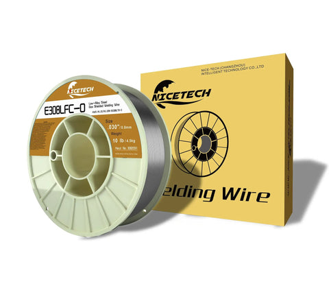 Gasless Flux Cored Welding Wire For Stainless Steel E308LFC-O 030 Diameter 10 Pound Spool Silver next to packaging box