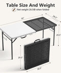 5ft Folding Camping Table With Dual Surface Metal Grill Grid And Solid Prep Top Heavy Duty Portable Outdoor Table dimensions shown