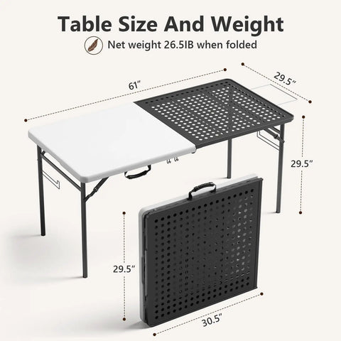 5ft Folding Camping Table With Dual Surface Metal Grill Grid And Solid Prep Top Heavy Duty Portable Outdoor Table dimensions shown