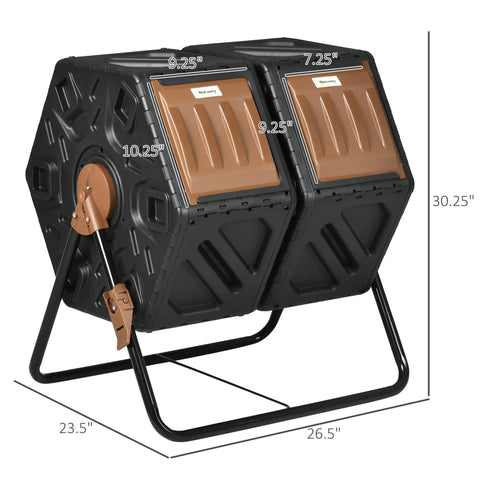 Dual Chamber Compost Tumbler Bin With Rotating Design for faster all year round composting, 24 ventilation openings, sturdy steel legs