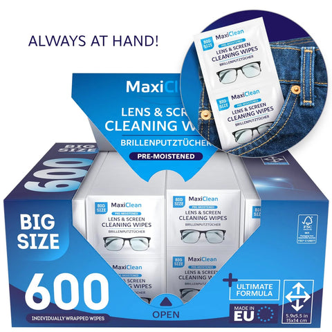 MaxiClean box of lens and screen cleaning wipes, 600 big-size pre-moistened wipes, EU-made, for glasses and devices
