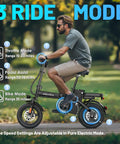 Man riding Foldable 14 Inch Electric City Bike For Adults With Removable 48V 10Ah Battery in park, showcasing 3 ride modes