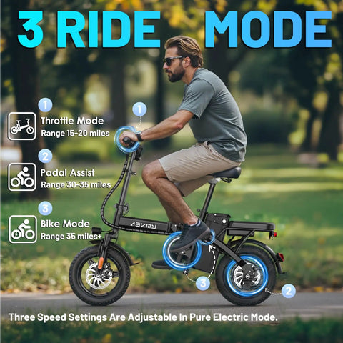 Man riding Foldable 14 Inch Electric City Bike For Adults With Removable 48V 10Ah Battery in park, showcasing 3 ride modes